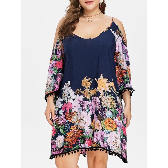 Rosegal for Curves Collection Dresses & Skirts - Plus Size Floral Cold Shoulder Dress - Slate Blue